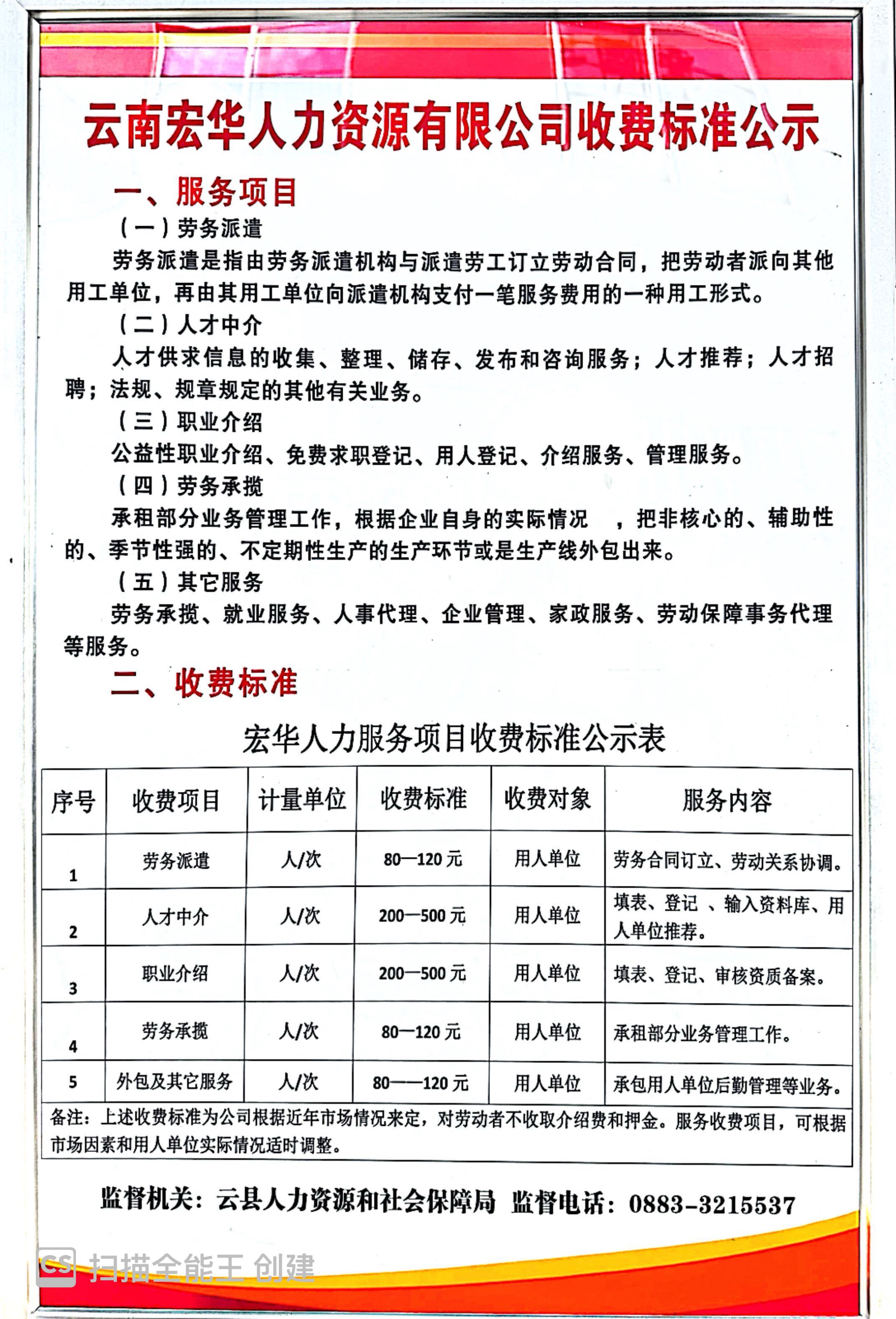 云南宏華人力資源有限公司收費標(biāo)準公示 云南宏華人力資源有限公司收費標(biāo)準公示